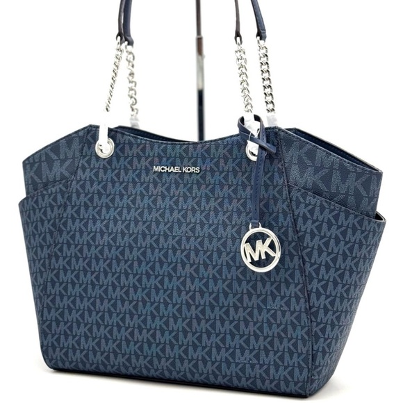 Michael Kors Large Jet Set Large Signature Logo Shoulder Bag Admiral Navy Blue - Picture 1 of 13